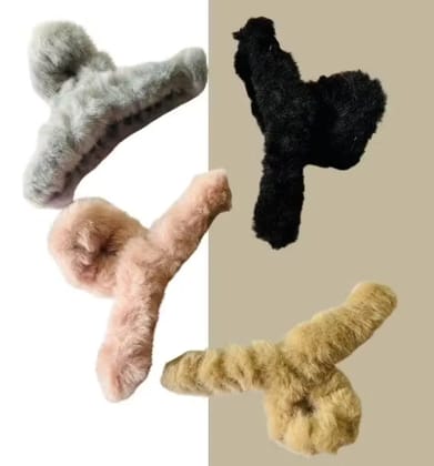 Kozykit Fur Hair Claw Clip for Women & Girls | Soft Faux Fleece Plush Hair Clutcher | Korean Style Large S-Curve Hair Clips | Multicolour Winter Hair Accessories Pack of 4