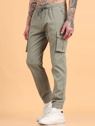 Men Cotton Regular Fit Cargo Joggers, SAGE-Sage / 28