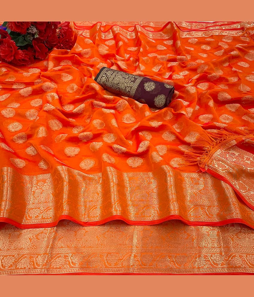 Shree Gullak Silk Jacquard Self Design Saree With Unstitched Blouse Piece ( Orange )