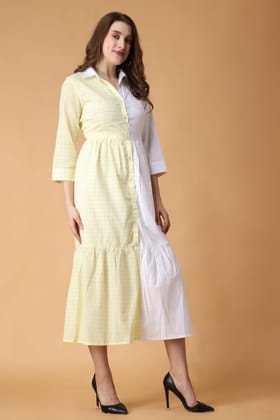 White & Yellow Solid Contrast Buttoned Dress-L / White