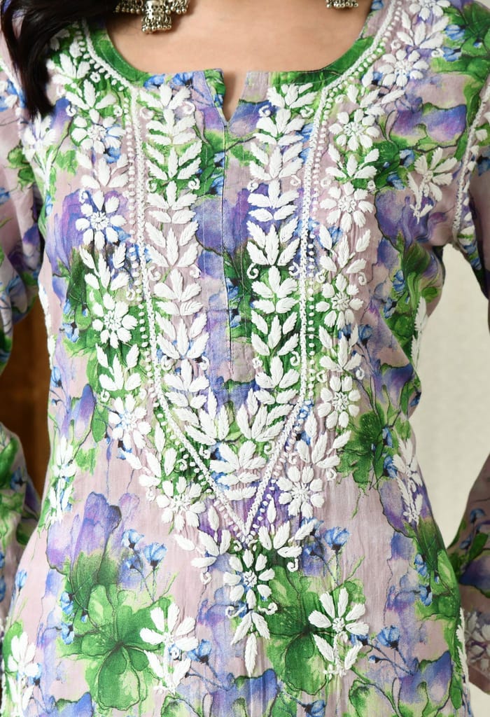 Multi color Mulmul Pure Cotton Lucknow Chikankari Kurta -Green