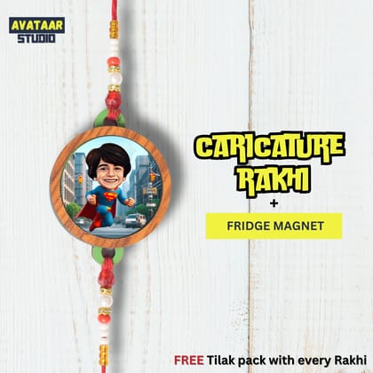 Personalized Caricature Rakhi with Fridge Magnet Unique Rakhi for Brother Caricature Durable Caricature Rakhi for Bhai Customised Photo Rakhi for Rakshabandhan (SUPER-MAN-1))