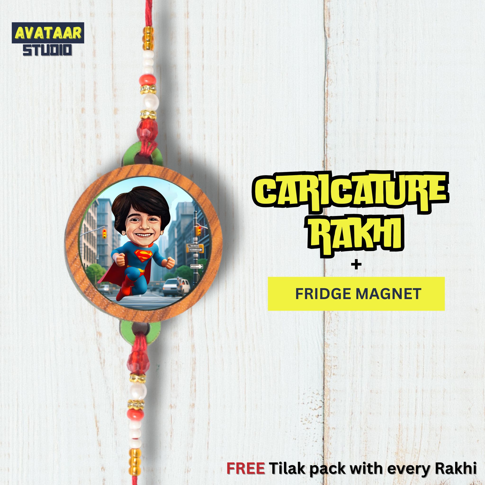 Personalized Caricature Rakhi with Fridge Magnet Unique Rakhi for Brother Caricature Durable Caricature Rakhi for Bhai Customised Photo Rakhi for Rakshabandhan (SUPER-MAN-1))