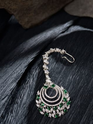 Silver plated Green AD studded Handcrafted Maang Tika