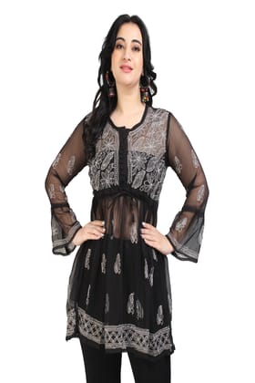 The Chikankari Story Women's Premium Black Georgette Kurti with Chikankari & Aari Hand Embroidery - Lightweight Bakhhiya Traditional Work.-XL