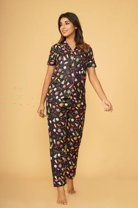 Party Props Half Sleeve Pyjama Set-M / Black / Rayon Blend