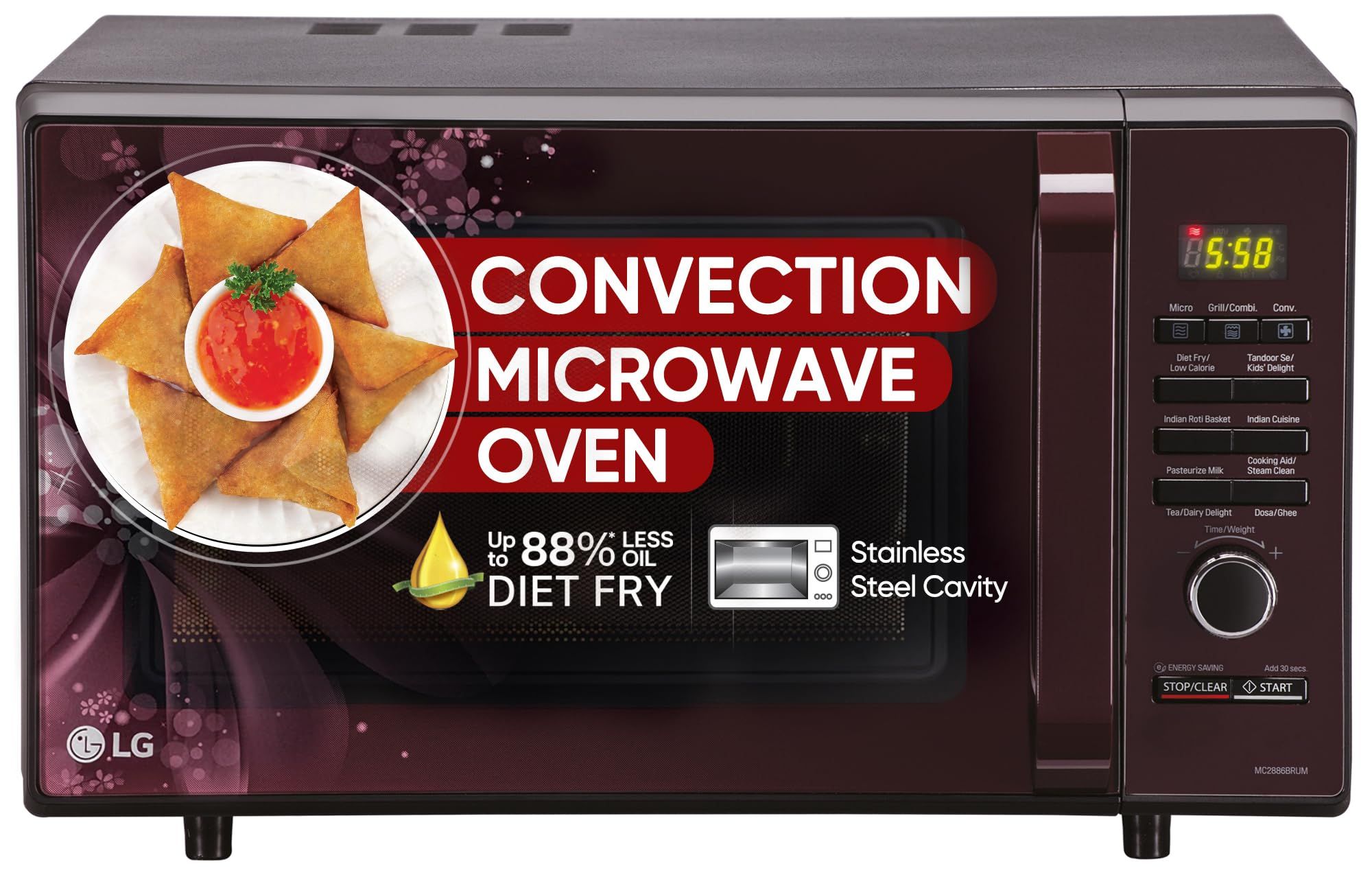 LG 28 L Convection Microwave Oven (MC2886BRUM, Black, 360° Motorised Rotisserie for Bar-be-queing, Diet Fry, Ghee in 12Mins, 251 Auto Cook Menu, Stainless steel cavity & Health Plus Menu) LG 28 L Convection Microwave Oven (MC2886BRUM, Black, 360° Motoris