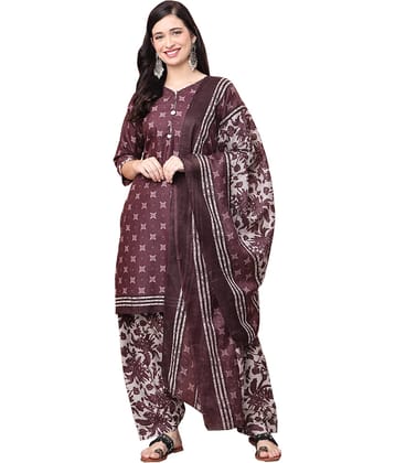 wonder weave Women Cotton Blend Printed Straight Kurti With Patiala Salwar ( Wine )
