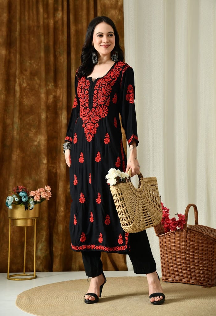 Black Kurta with Intricate Chikankari Work - Red