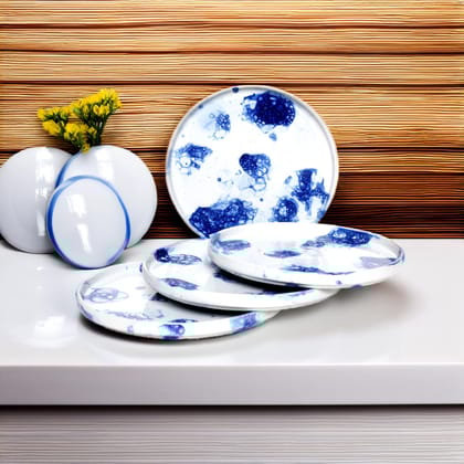 Tablejoy Edged Dinner Plate Set Of 4, Blue Poreclain Round Plate For Dining Table, Home, Restaurant & Gifting, Microwave And Diswasher Safe, Aesthetic Design, Light Weight And Durable, Spill Proof