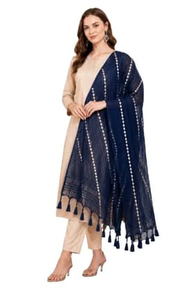 Organza Blue Color Dupatta With Mirror Work And Striped Design Adorned With Elegant Tassels For Festive Ensembles Elevating Your Style With A Graceful Flow