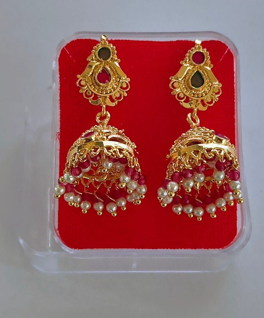 Gold Plated Pearl and Stone Jhumka Earrings