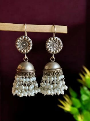 Silver Oxidised Pearl Jhumka Earrings | Sarichka