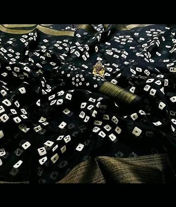 Grubstaker Cotton Printed Saree With Unstitched Blouse Piece ( Black )