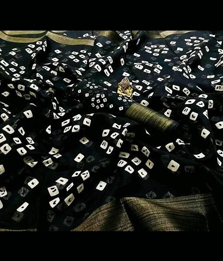 Grubstaker Cotton Printed Saree With Unstitched Blouse Piece ( Black )