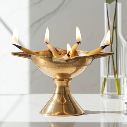 Brass Table Decor Oil Lamp Deepak 4 Wicks  - Puja Deepak for Home Temple, Height : 1.4 Inch (FMAS633 A)