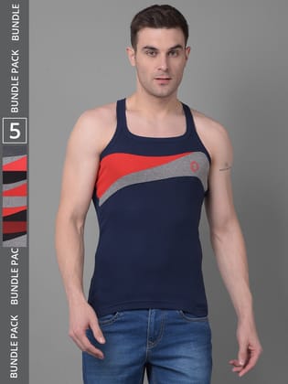 Men's Assorted Pack of 5 Solid Combed Cotton Racerback Styled Gym Vest