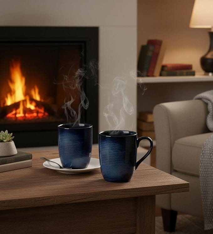 Table & Tale Premium Porcelain Mug with Blue Elegant Pattern | Made in Sri Lanka | Vegan | Vegan, Bone-Ash Free | Durable, Scratch-Resistant | Ideal for Coffee, Tea & Gifting | Set of 2
