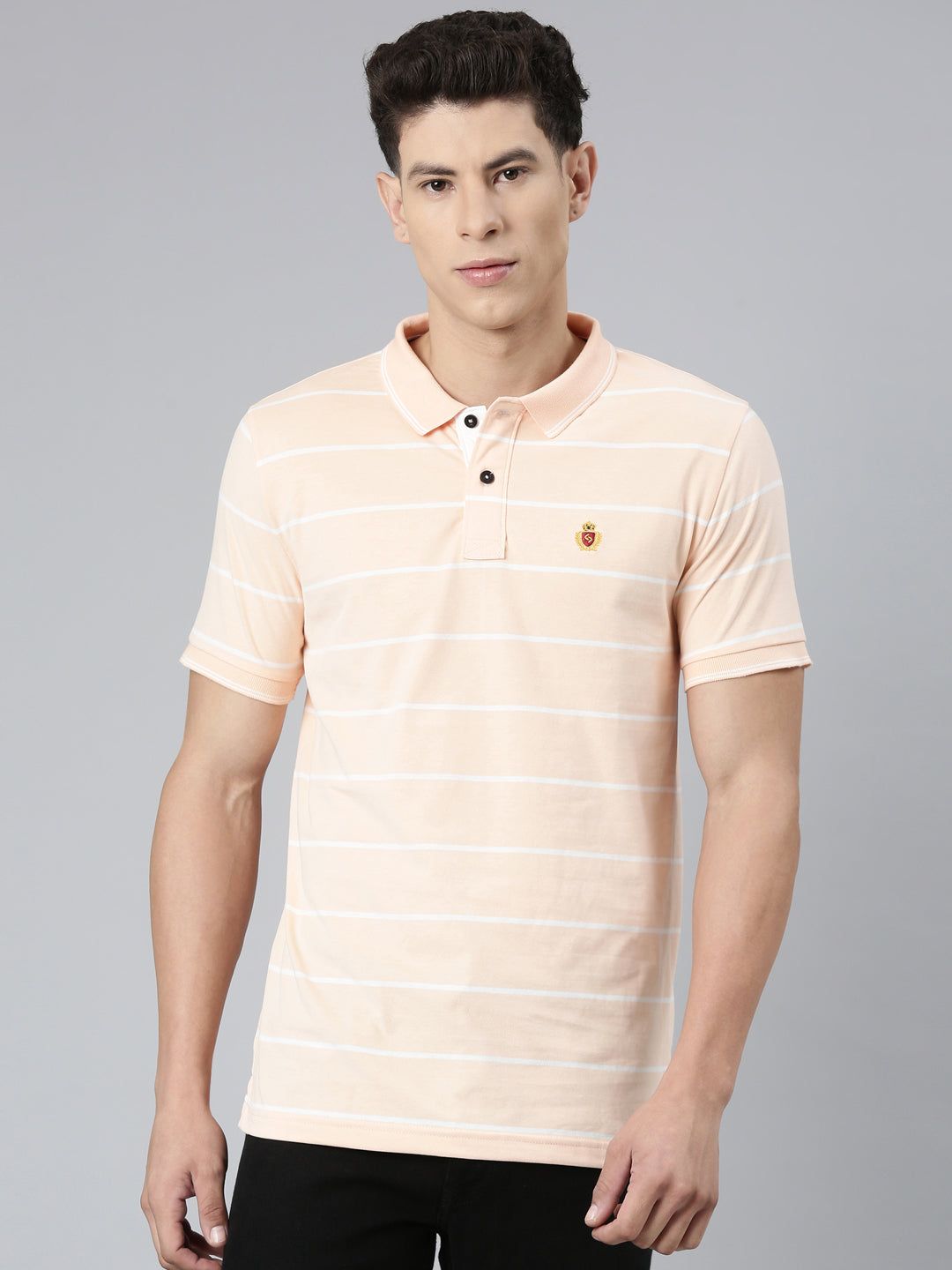 Classic Polo Mens Striped Lt.Orange/White Polo Neck Slim Fit T-Shirt | CPEG - 321 B SF P