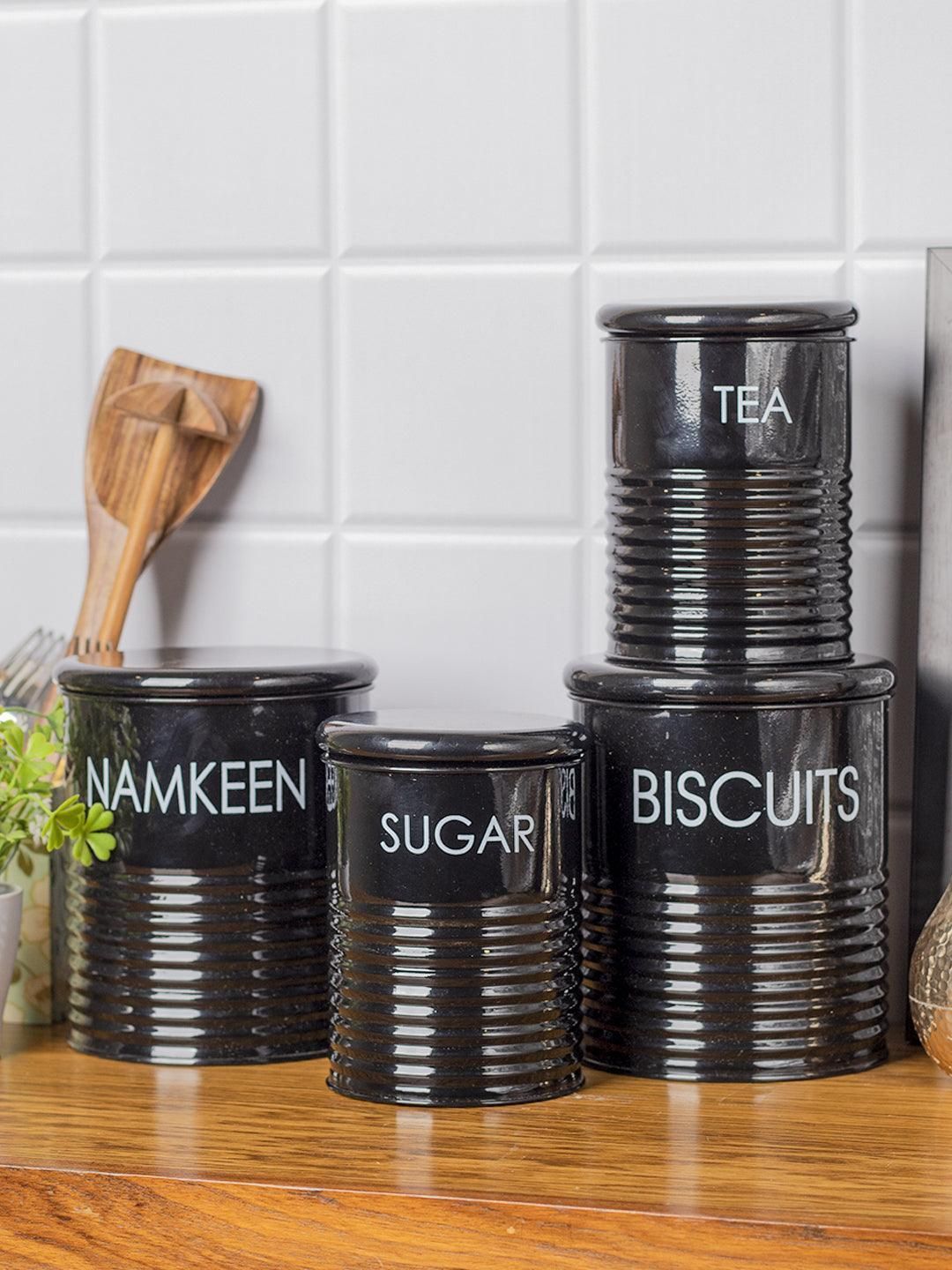 Tea & Sugar Jar (Each 900 Ml) + Biscuits & Namkeen Jar (Each 1700 Ml) - Black, Set Of 4
