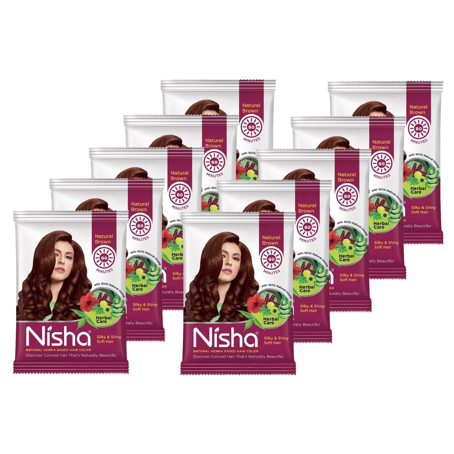 Nisha Henna Based Hair Color Natural Brown 15gm Pack of 10, Ammonia Free Henna Powder Hair Colour Dye Brown Hair Color