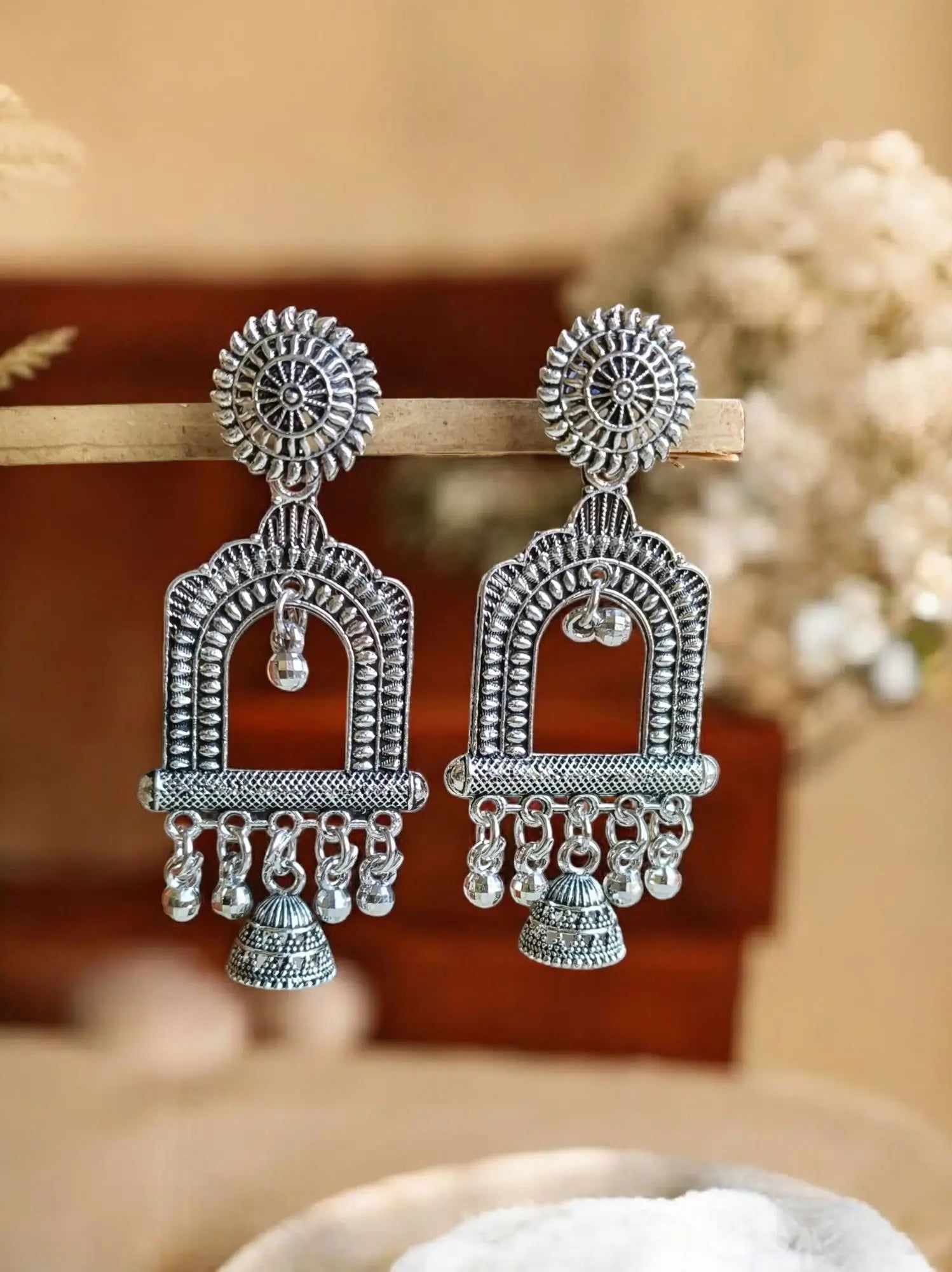 Vibrant German Silver Dangler Earrings for Navratri | Sarichka