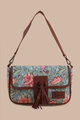 Summer Sorbet Hand Block Printed Aqua Sling Bag-11 X 7 X 1.5 in / Green