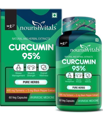 NourishVitals Curcumin 95% Curcuminoids, 500 mg Turmeric with Piperine Extract Supplement, 60 Veg Capsules