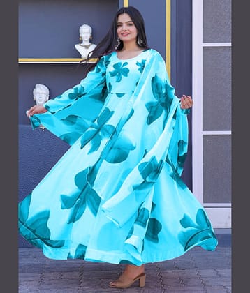 Femvy Pack of 1 Cotton Blend Printed Anarkali Women's Kurti with Dupatta - ( Blue )