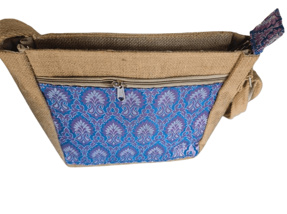 Handcrafted Jute Sling Bag with Blue Paisley Print