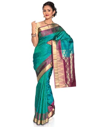 Turquoise Kanchipuram Silk Saree with Dark Pink Pallu