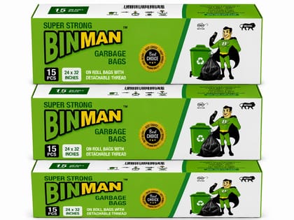 BINMAN Super Strong Garbage Bags on Roll with Detachable Thread | 15 Bags | 24 x 32  Inches | Heavy Duty Disposable Trash Bags for Home, Office & Commercial Use Pack of 3