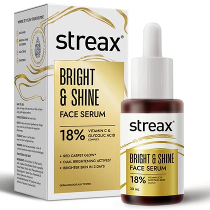 Streax Vitamin C Face Serum, 30 ml | 18% Vitamin C | Dark Spots Reduction | Brighter Skin in 3 Days | Serum for Glowing Skin | Brightening serum | Bright & Shine Face Serum Streax Vitamin C Face Serum, 30 ml | 18% Vitamin C | Dark Spots Reduction | Brigh
