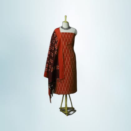 Rust Orange Ikat Pattern Unstitched Dress Material Set | Traditional Ethnic Motif | Festive Wear
