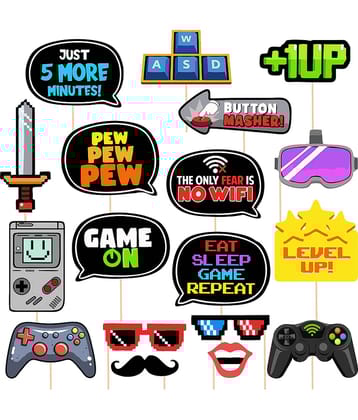 Zyozi Game Zone - Pixel Video Game Party or Birthday Party Photo Booth Props Kit - 18 Count