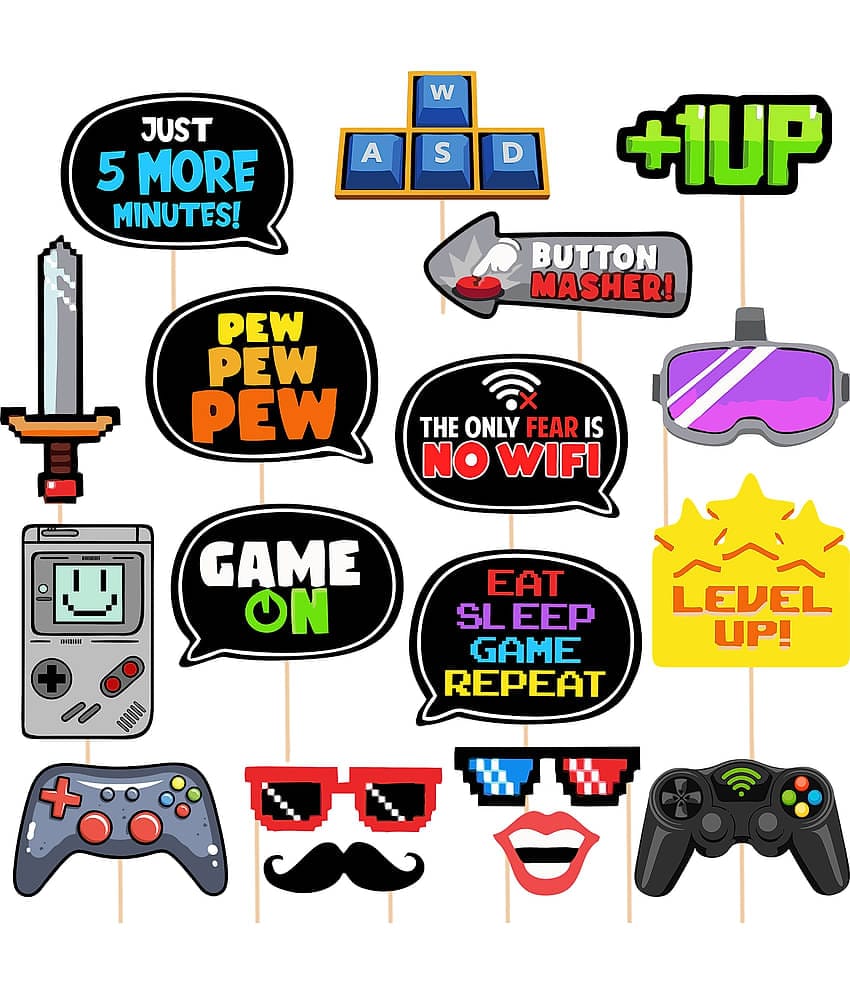 Zyozi Game Zone - Pixel Video Game Party or Birthday Party Photo Booth Props Kit - 18 Count