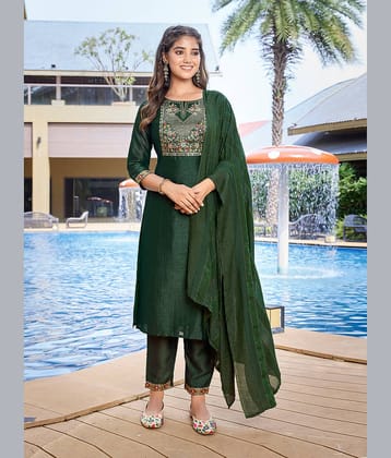 Royal Export Silk Blend Embellished Kurti With Pants Women's Stitched Salwar Suit - Green ( Pack of 1 )