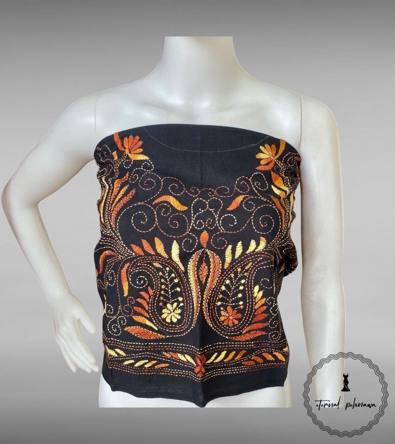 Black Bengal Kantha Hand Embroidered Blouse Piece for Sarees