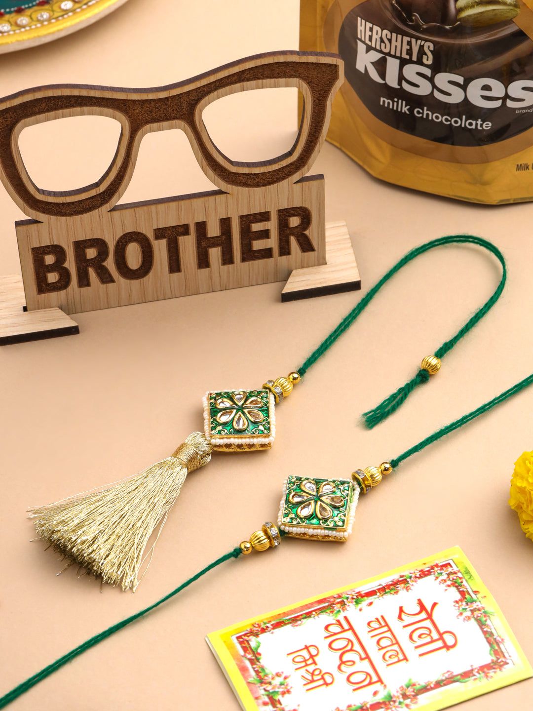 NVR Set of 2 Handmade Green Kundan Studded Bhaiya Bhabhi Rakhi Set, Combo for Rakshabandhan-One Size / Green