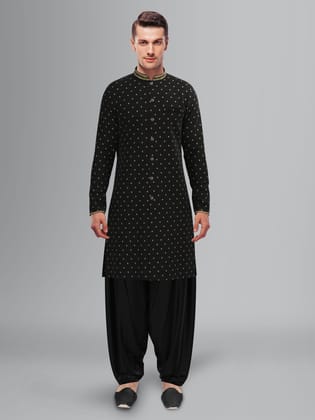 Black Chanderi Front Open Kurta Set-2XL/46 / Only Kurta - No Lowers