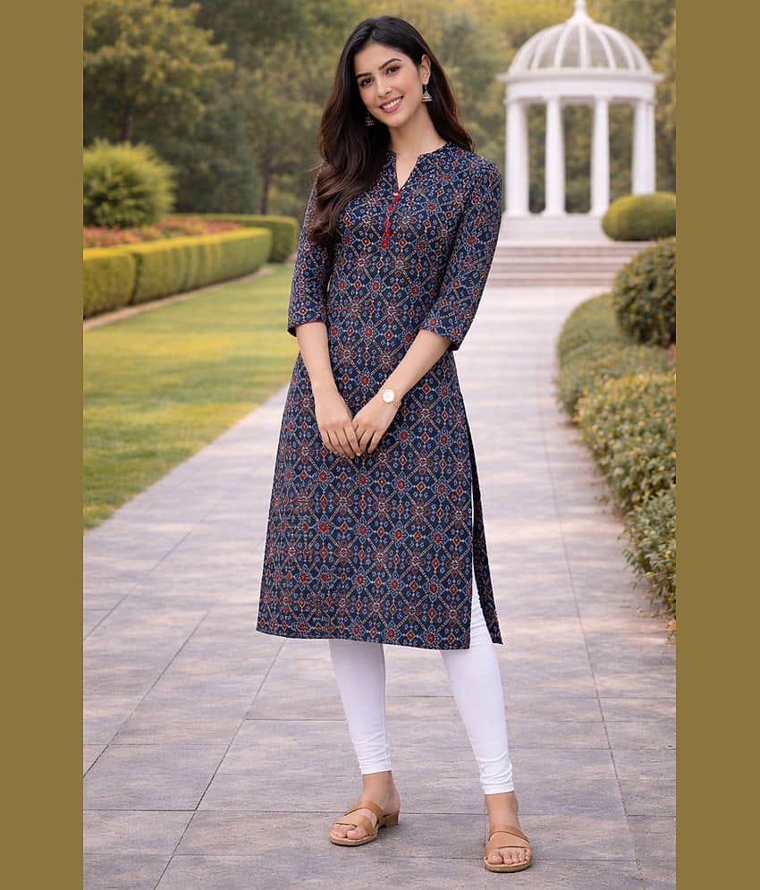 Rajnandini Women Cotton Printed Straight Kurti ( Navy Blue )