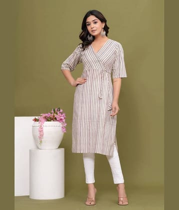Glorious Cotton Striped Angrakha Women's Kurti - Beige ( Pack of 1 )