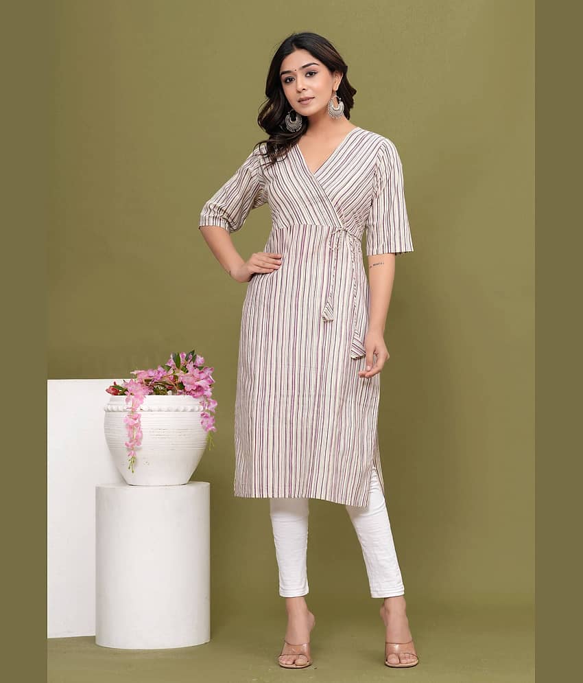 Glorious Cotton Striped Angrakha Women's Kurti - Beige ( Pack of 1 )