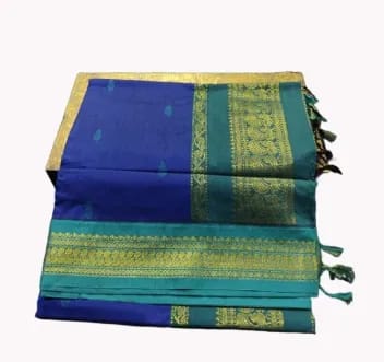 Paithani Silk Cotton Saree Blue & Pine Green