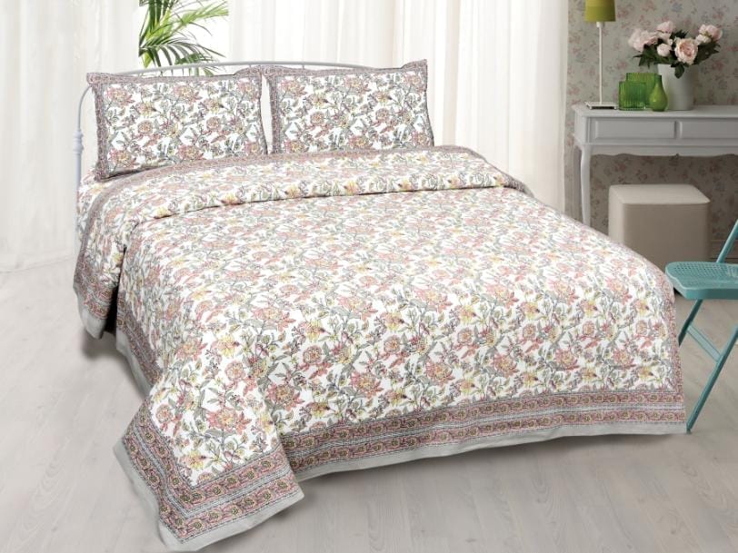 3001-Hometrade India-Standard King Size (90*108 Inches)-Pure Cotton Jaipuri Double Bedsheet With Matching Pillow Cover