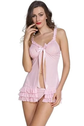 Women's Sexy Lingerie Set - Lace Trimmed Babydoll Sleepwear with Ruffled Hem and Bowknot Front - Available in Pink and White
