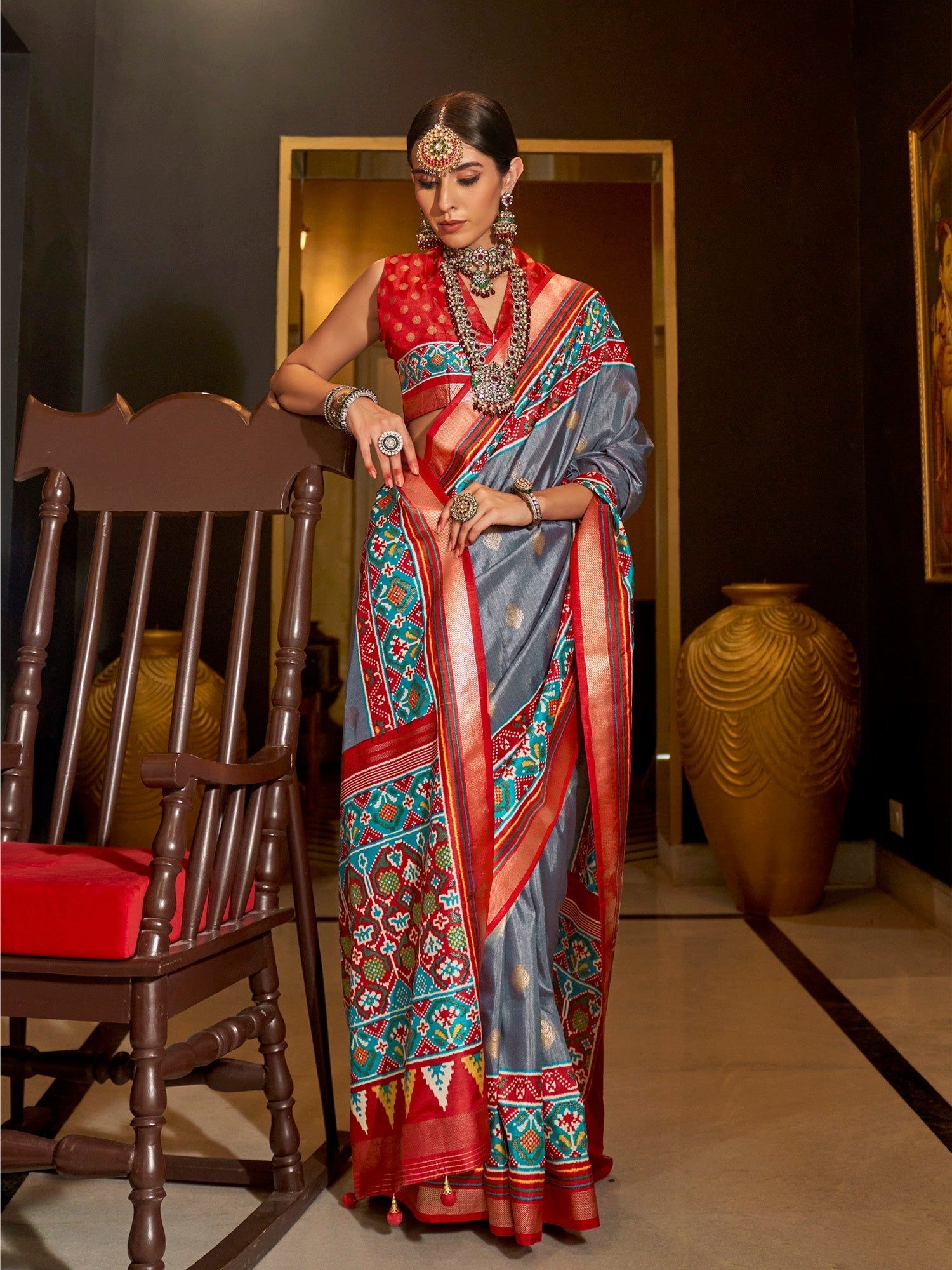 Grey Pure Sigma Silk Woven Designed Printed Patola Saree