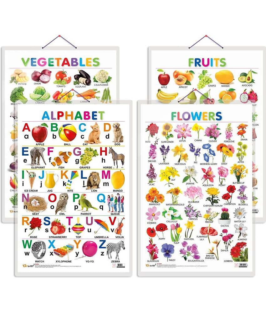 Set of 4 Alphabet, Fruits, Vegetables and Flowers Early Learning Educational Charts for Kids | 20"X30" inch |Non-Tearable and Waterproof | Double Sided Laminated | Perfect for Homeschooling, Kindergarten and Nursery Students