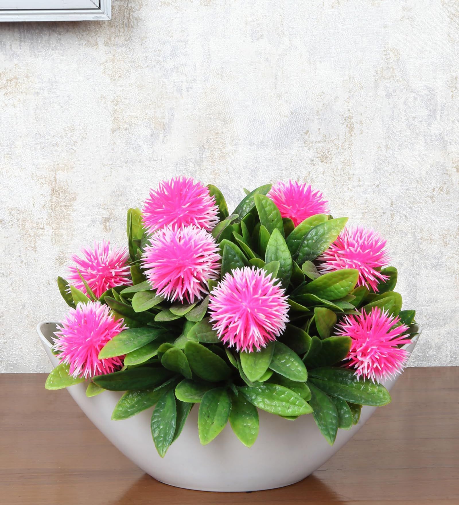 Foliyaj Artificial Plant Bush with Round Pink Flowers|Artificial Plants for Home Decor| Decorative Table Top Indoor Plants Bonsai for Office Desks & Counters