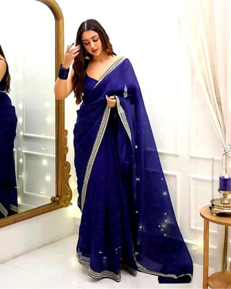 Beads Stone Saree (Color - Blue) by SHIV TEXTILES